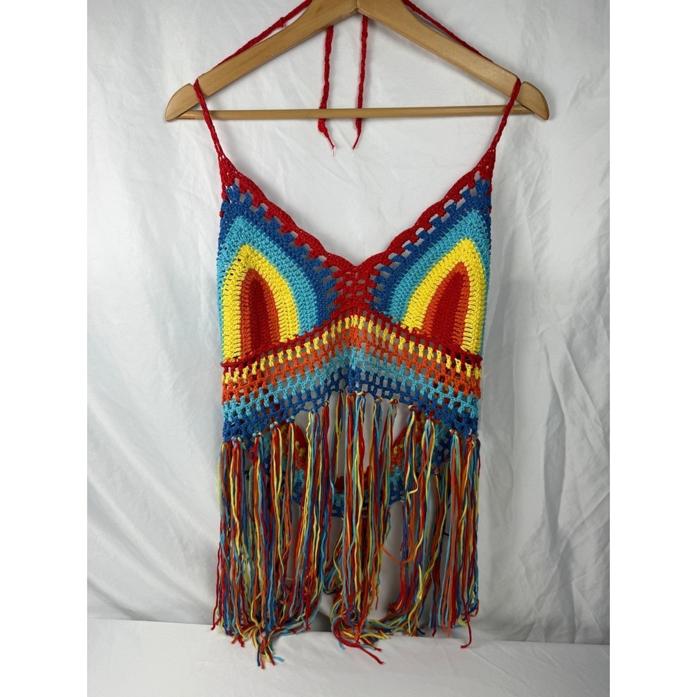 Boho Rainbow Crochet Tassel Halter Top Festival Wear S/M - Picture 2 of 6